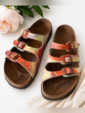 Birkenstock Papillio Florida Sandals Womens 7.5 Tropical Orange 3 Strap Vegan